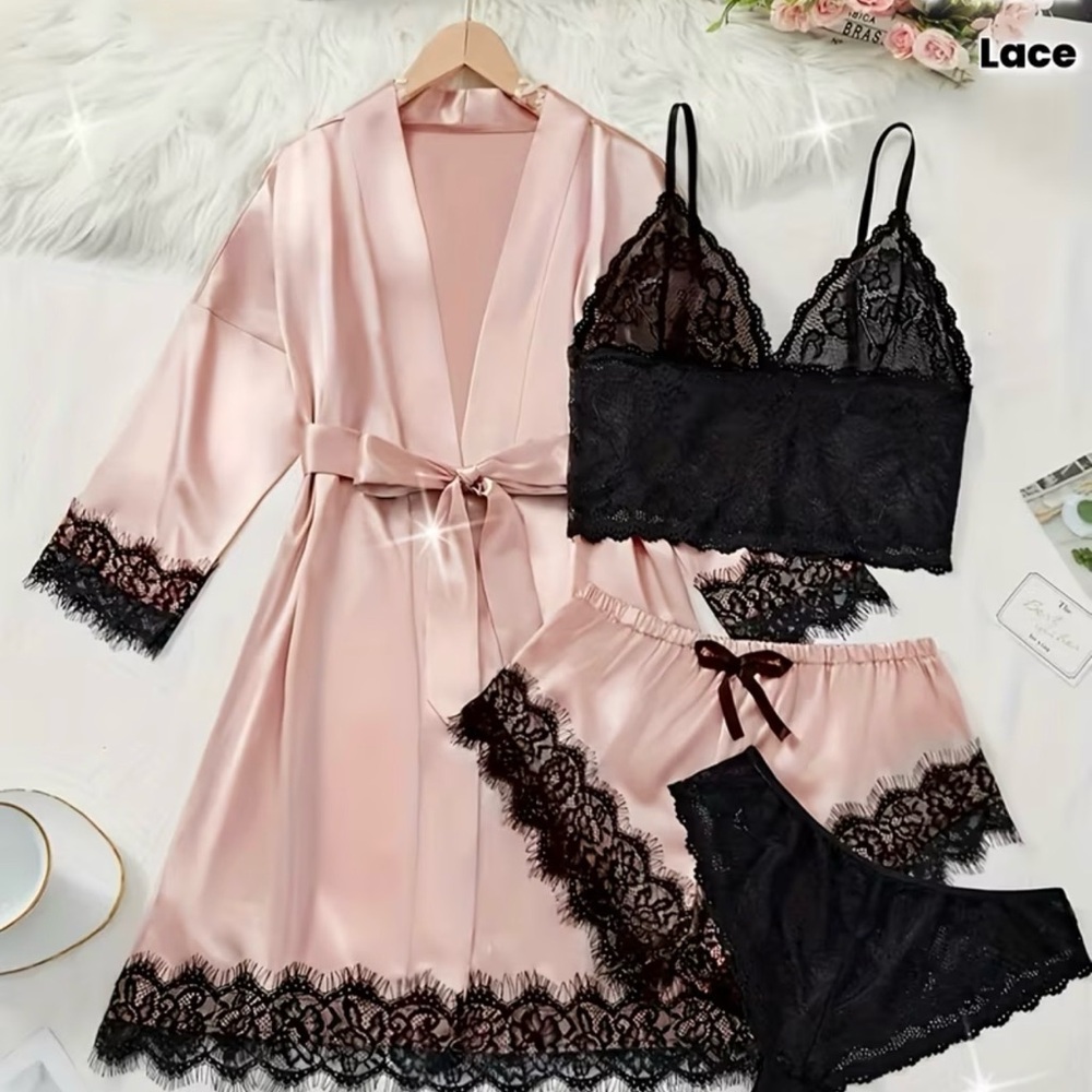 Trendy boutique Pink Satin Robe & Black Lace Lingerie Set